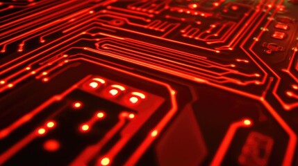 Poster - A close-up of a high-tech circuit board with glowing red lines and intricate patterns, showcasing futuristic technology.