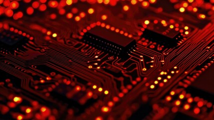 Poster - A close-up of a high-tech circuit board with glowing red lines and intricate patterns, showcasing futuristic technology.