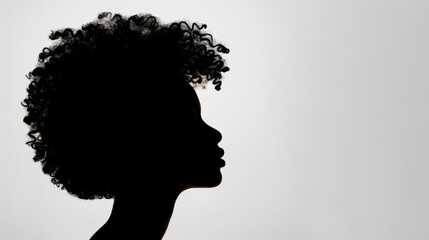 Stunning silhouette of an African American woman, showcasing her beautiful afro hairstyle against a clean white backdrop.