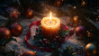 © Катерина Спіжевска - A candle surrounded by Christmas ornaments like baubles and ribbon, with a soft glowing flame adding warmth to the scene
