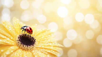 Wall Mural - A vibrant ladybug sits on a blooming yellow flower with glistening dewdrops, illuminated by soft sunlight during a tranquil morning