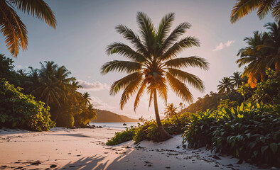 Poster - Palm tree is in the foreground of a beach. The palm tree is surrounded by bushes and the beach is sandy