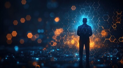 Silhouette of a man standing before a glowing digital network, representing innovation and technology.