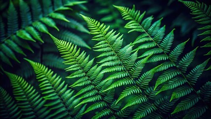 Wall Mural - Close up of dark green fern leaves growing in a forest, green, foliage, natural, background, fern, leaves, plant, growth