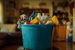 © DeepView - A blue bucket filled with various cleaning supplies in a home setting.