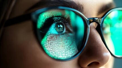 Womans face wearing modern glasses, the reflection of a computer screen with glowing blue-green code visible on the lenses, designed to represent technology and cybersecurity
