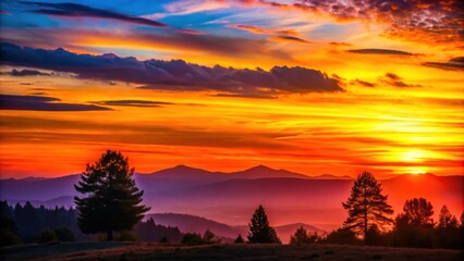 Wall Mural - Vibrant sunset over the horizon with silhouettes of trees and mountains , sunset, horizon, vibrant, colorful, sky, clouds