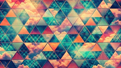 Wall Mural - Retro sky pattern with vibrant colored clouds and geometric shapes, retro, sky, pattern, vibrant, colored, clouds