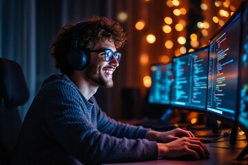 Young Male Programmer Working Late into the Night with Multiple Monitors in a Cozy, Tech-Inspired Environment