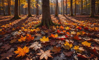 Poster - Tree with a trunk and a lot of leaves on the ground. The leaves are orange and yellow