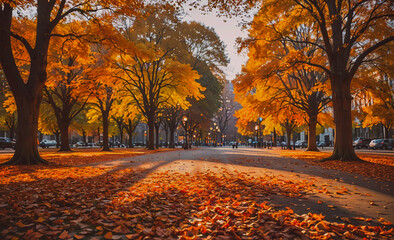 Poster - Park with trees and leaves on the ground. The leaves are orange and yellow. There are cars parked in the background