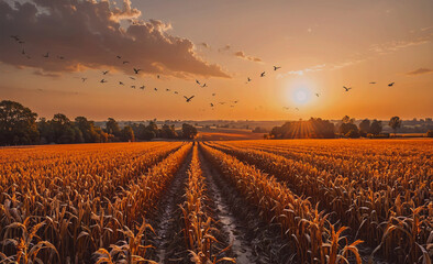 Poster - Field of corn with birds flying in the sky. The sun is setting in the background. The birds are flying in different directions
