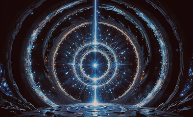 Wall Mural - Large, blue circle with a white star in the center. The circle is surrounded by a blue circle, creating a spiral effect. The entire image is in shades of blue and white, giving it a dreamy