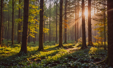 Poster - Forest with trees and grass. The sun is shining through the trees. There are many trees in the forest