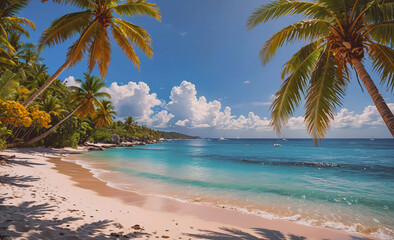 Poster - Beautiful beach with palm trees and a blue ocean. The water is calm and the sky is clear