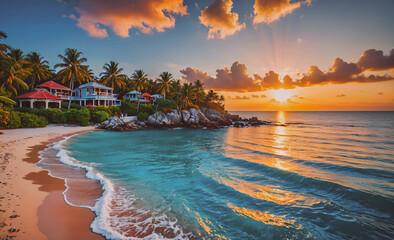 Poster - Beautiful beach with a blue ocean and a sunset in the background. The beach is lined with palm trees