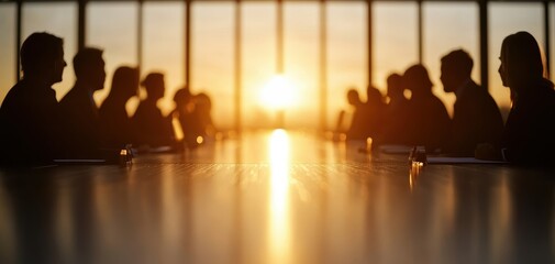 Fototapete - Silhouette backlight posture business concept. A meeting takes place at sunset with silhouetted figures around a long table, creating a serene and professional atmosphere.