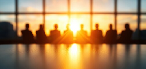 Fototapete - Silhouette backlight posture business concept. A silhouette of a group in a meeting, with a bright sunset glowing through large windows, creating a warm and professional atmosphere.