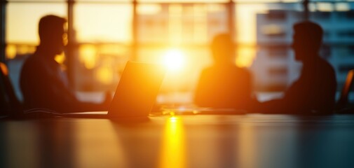 Fototapete - Silhouette backlight posture business concept. Silhouettes of people in a meeting, with a bright sunset in the background, creating a warm and inspiring atmosphere.