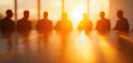 Fototapete - Silhouette backlight posture business concept. A group of silhouetted figures sits around a table, bathed in the warm glow of a sunset filtering through large windows.