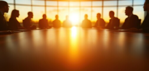 Fototapete - Silhouette backlight posture business concept. A silhouette of people at a conference table during sunset, creating a warm, collaborative atmosphere for discussion and decision-making.