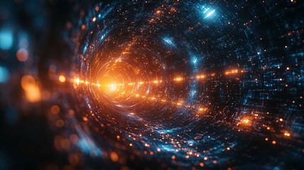 luminous digital tunnel glowing with orange and blue lights