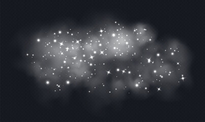 Wall Mural - white magic smoke with stars and sparkles, fog with glowing particles, colorful vapor with star dust