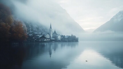 Canvas Print - Misty mountain village reflected in calm lake waters.