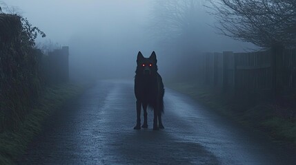 Wall Mural - Dark Dog Stands on Foggy Road at Dusk