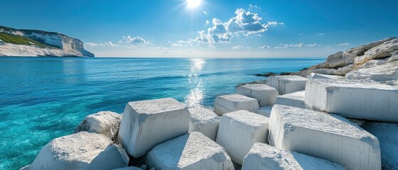 Wall Mural - A serene coastal landscape featuring white rocks and calm waters under a bright sun.