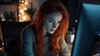 © liliyabatyrova - A dedicated redhead businesswoman concentrates on her tasks while working late at night in a softly lit office. The warm glow of lights creates an inviting atmosphere for productivity
