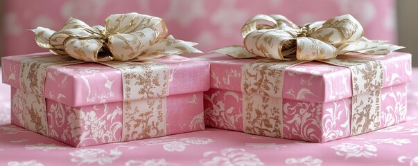 Wall Mural - Pink Gift Boxes with Gold Ribbon Present Birthday Celebration