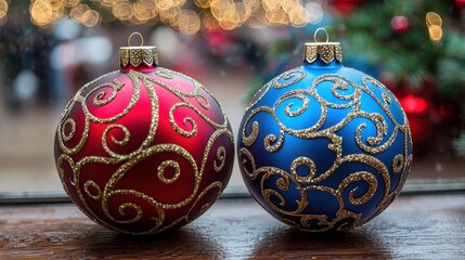 Wall Mural - Festive Red Blue Christmas Ornaments with Gold Detail Holiday Decorations