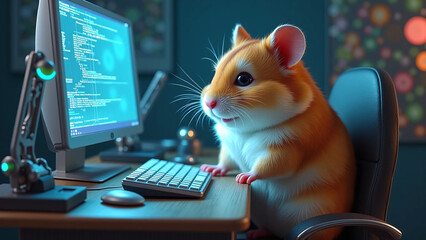 A tech-savvy hamster using a computer with glowing screens.