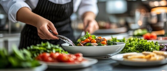 Sticker - A chef plating a fresh salad with various vegetables in a professional kitchen setting.