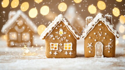 Wall Mural - Gingerbread houses decorated with icing and colorful candies sit on a snowy surface, creating a warm festive atmosphere during the holidays