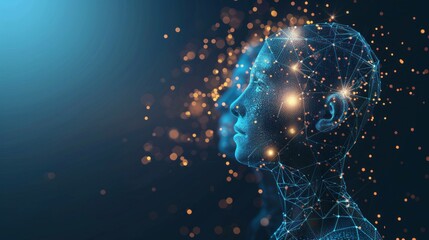 Wall Mural - futuristic digital portrait of a human silhouette with glowing particles, representing artificial in
