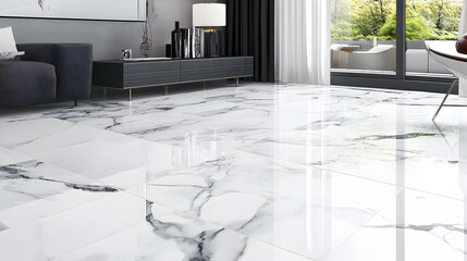 Fototapete - A modern living space featuring elegant white marble flooring, contemporary furniture, and large windows allowing natural light