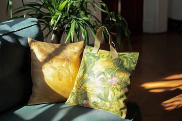 Poster - Two decorative pillows on a sofa, illuminated by sunlight, with a plant in the background.