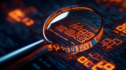 Aufkleber - Magnifying glass inspecting computer code, searching for bugs and vulnerabilities