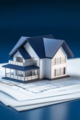 Aufkleber - House model standing on architectural plans with blue background