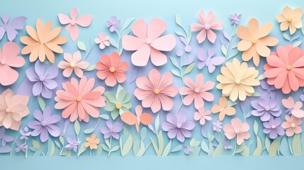  Vibrant Paper Flowers in Soft Pastel Colors Against a Light Blue Background, Perfect for Spring or Floral-Themed Designs and Creative Projects