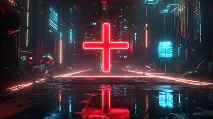 Wall Mural - Glowing red cross in futuristic corridor.