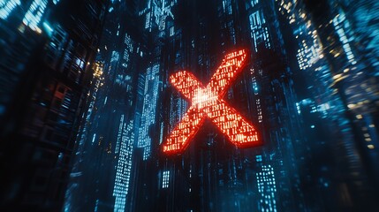 glowing red x symbol in digital space.