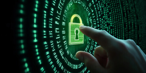 Fototapete - Programmer touching security padlock icon on digital screen with green binary code