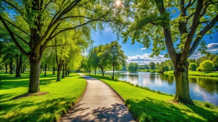 Serene riverside pathway in lush green park under clear blue sky , nature, tranquil, peaceful, idyllic, outdoor, scenery