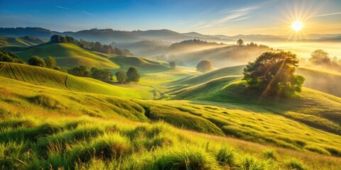  Natural hillside grassland bathed in morning light, grassland, hillside, natural, morning light, sunrise, peaceful
