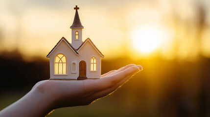 Wall Mural - Hand holding small church model at sunset: faith, religion and spirituality