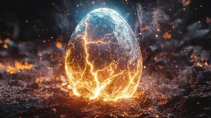 Wall Mural - close-up photo: hyperrealistic cinematic scene. a dragon egg infused with elemental lightning power,