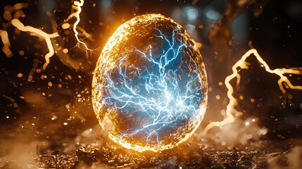 Wall Mural - close-up photo: hyperrealistic cinematic scene. a dragon egg infused with elemental lightning power,